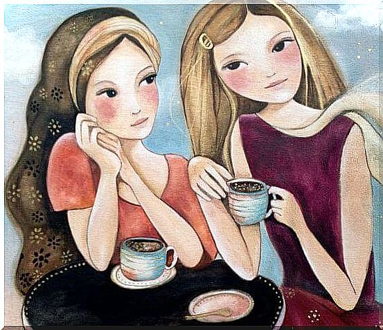 Two girls having coffee after one of their chance encounters