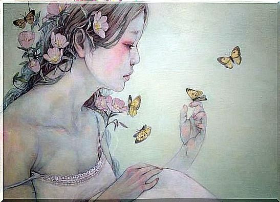 Girl With Flowers In Her Hair And Butterflies All Around Her Thinking About Her Deepest Wounds