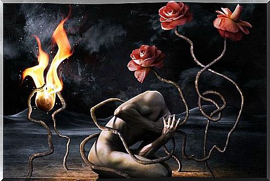 Man who stands naked among the roses and fire because he has fallen for the lies we like to believe