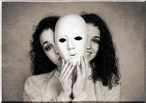 A woman with two faces hiding behind a mask