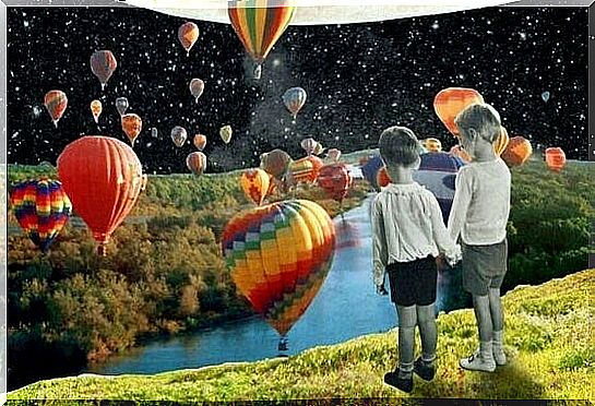 Two kids embracing the unexpected in a fantasy world full of hot air balloons