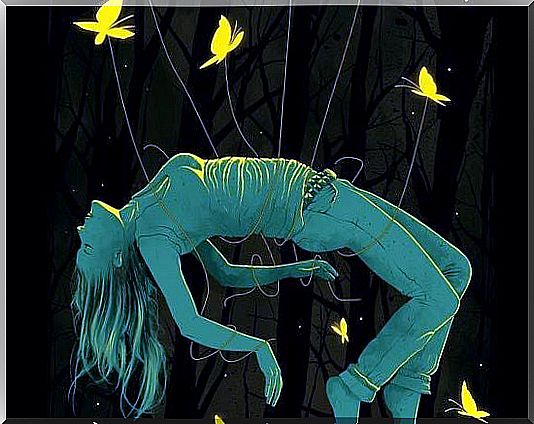 Girl In Green With Yellow Butterflies Above Her As An Example Of How We Neglect Our Emotions